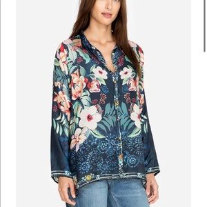 Johnny Was Nelia Floral-Print Button-Front Long-Sleeve Silk Shirt